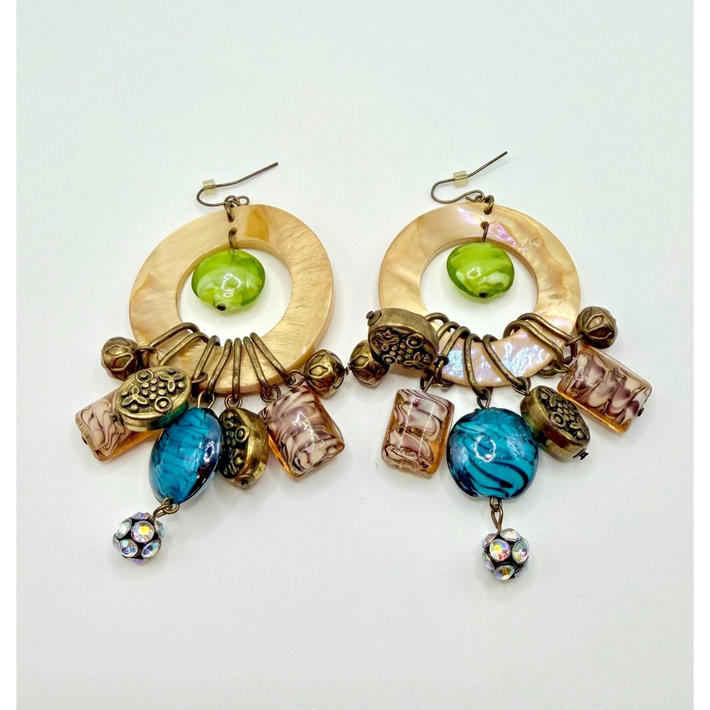 Boho Art Glass Bead Dangle Earrings Brass Tone Charms Jewelry Mixed Media